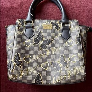 Betsey Johnson Gray Checker Butterfly-Print Satchel with Gold Accents